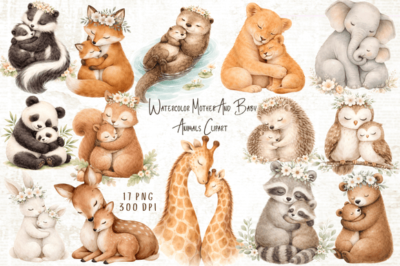 Download Mother &amp; Baby Animals Watercolor Clipart - Baby Collection